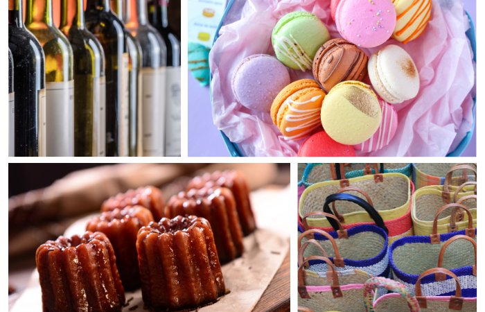 a collage of dordogne souvenirs including wine bottles, macarons, caneles and wicker shopping bags